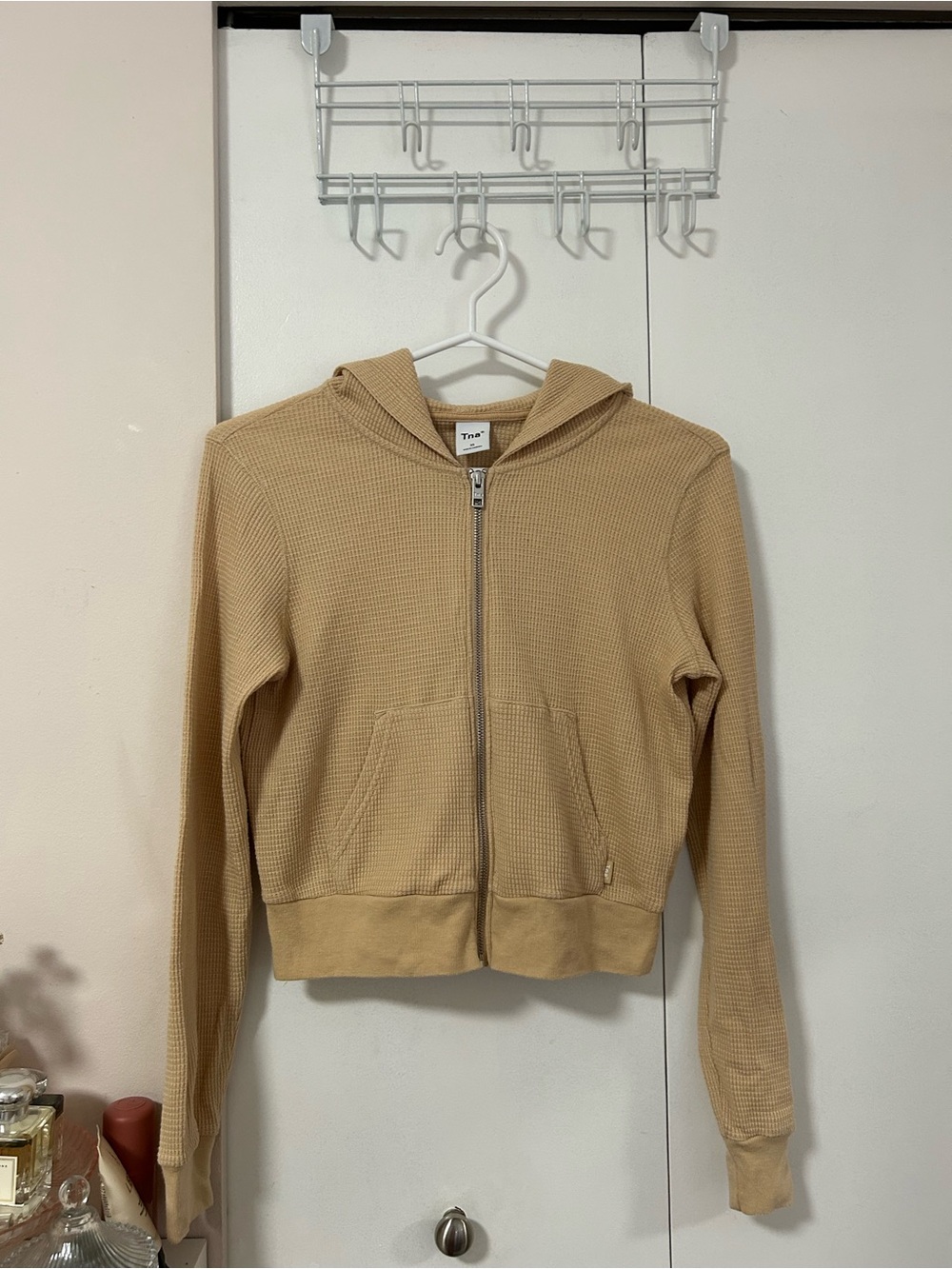 Aritzia Beige Waffle-Knit Zip-Up